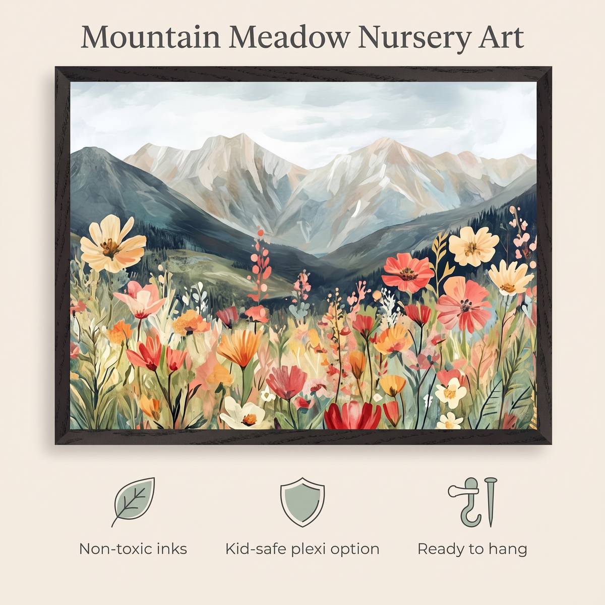 Mountain meadow wall art styled above a cot with earthy nursery decor