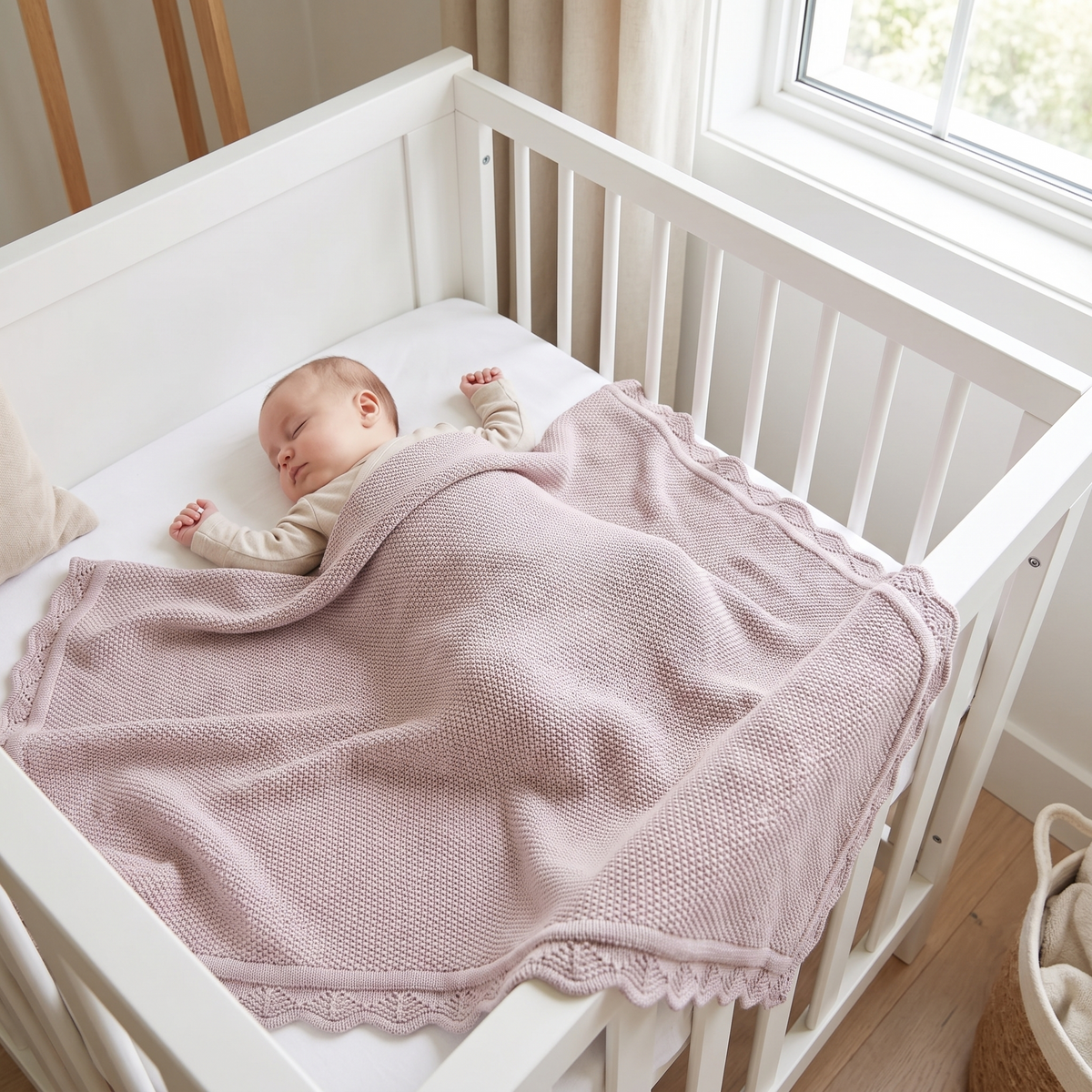 Dusty lilac knitted baby blanket draped over a cot