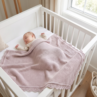 Dusty lilac knitted baby blanket draped over a cot