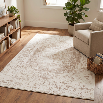 Close-up of distressed ornate pattern and soft pile on cream kids rug