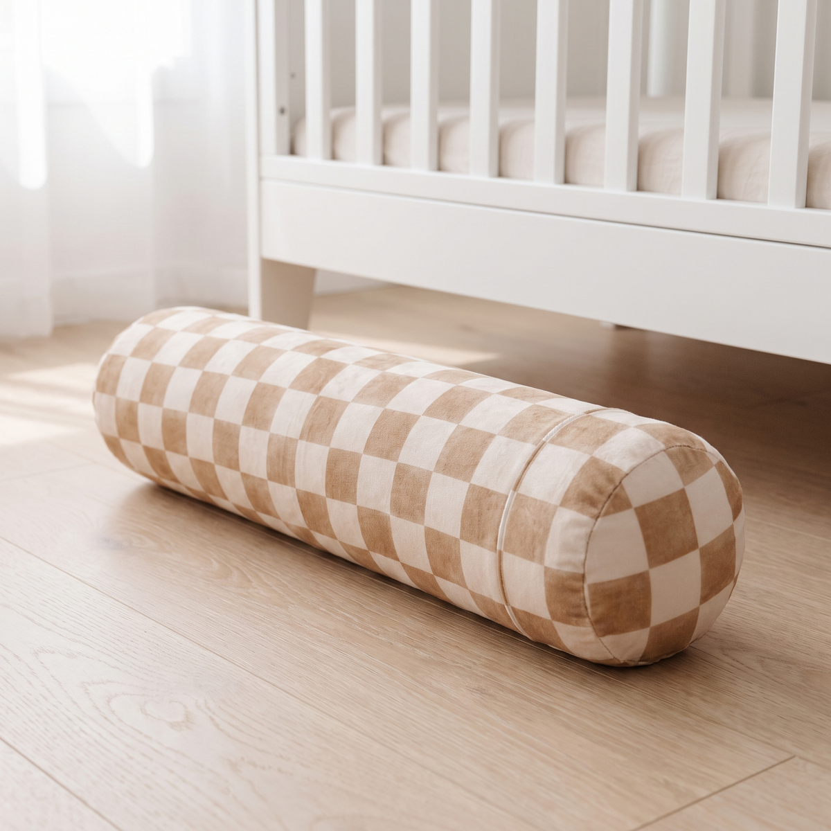 Little Teekie checker toffee kids support pillow on a bed in a child's room