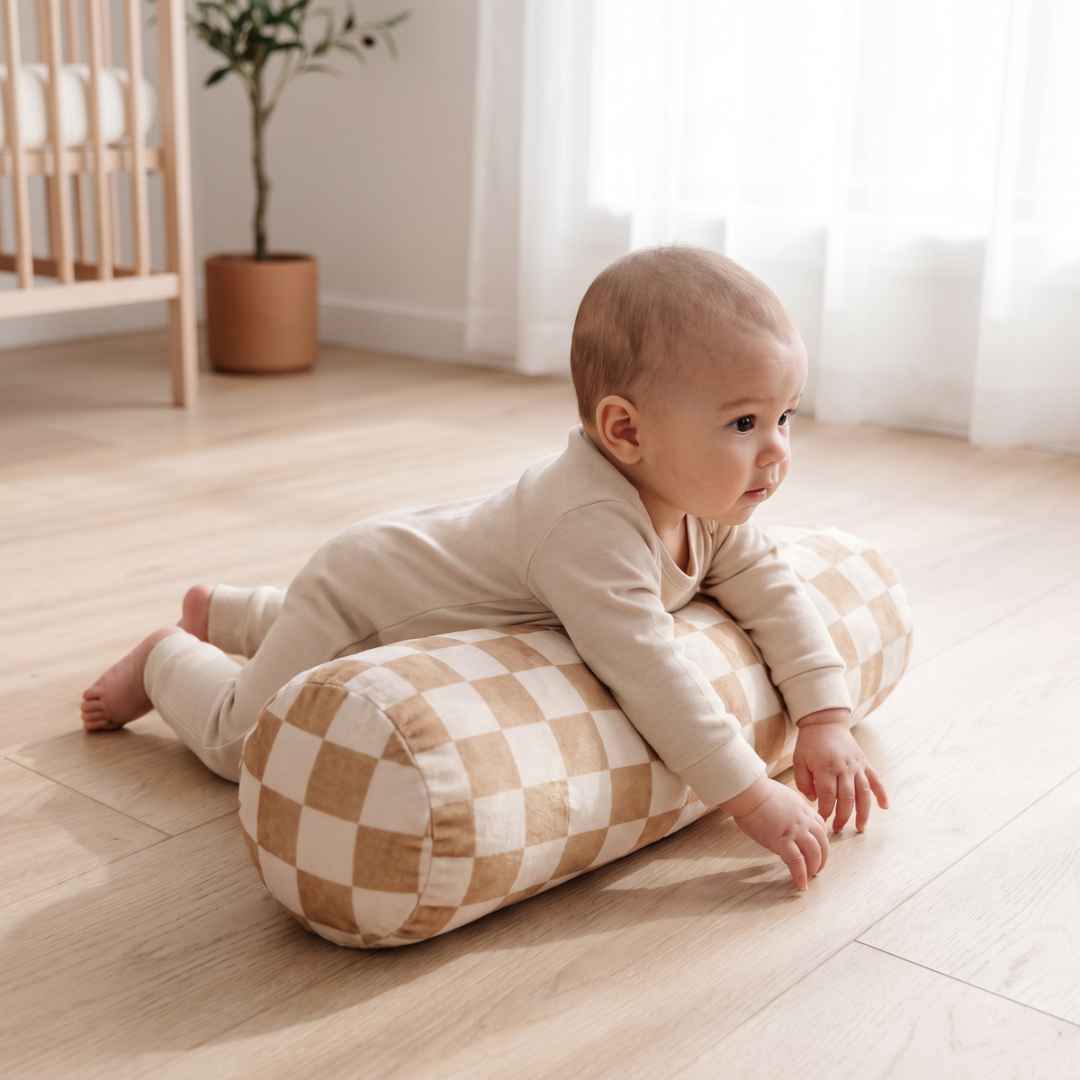 Toffee checkerboard support pillow styled in a kids reading nook