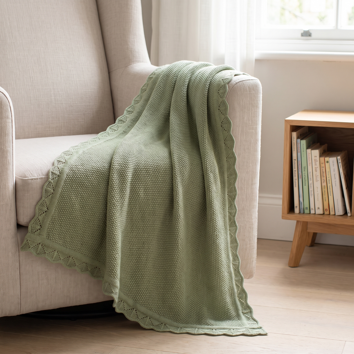 Sage green knitted baby blanket draped over a pram in a bright nursery
