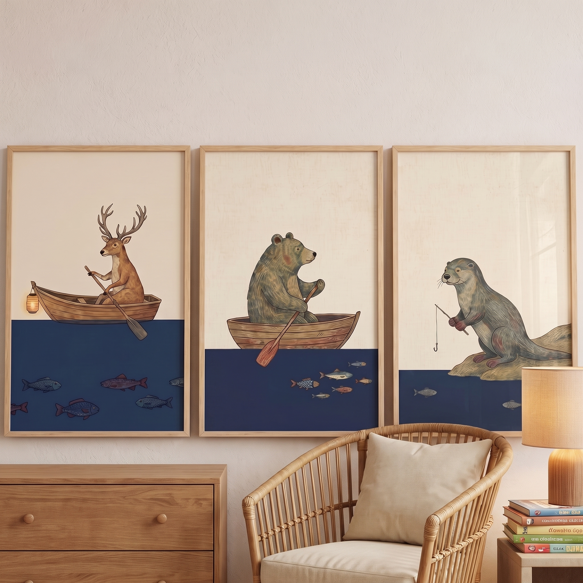 Close-up of a woodland animal fishing print in a natural oak frame