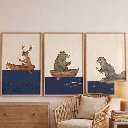 Close-up of a woodland animal fishing print in a natural oak frame