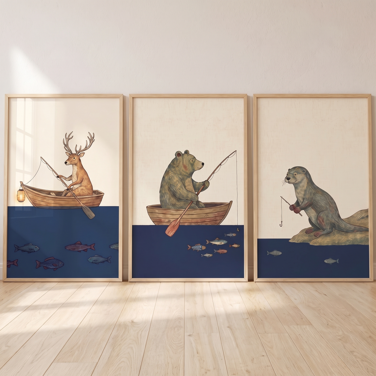 Set of 3 vintage fishing woodland animal wall art prints in navy and rust