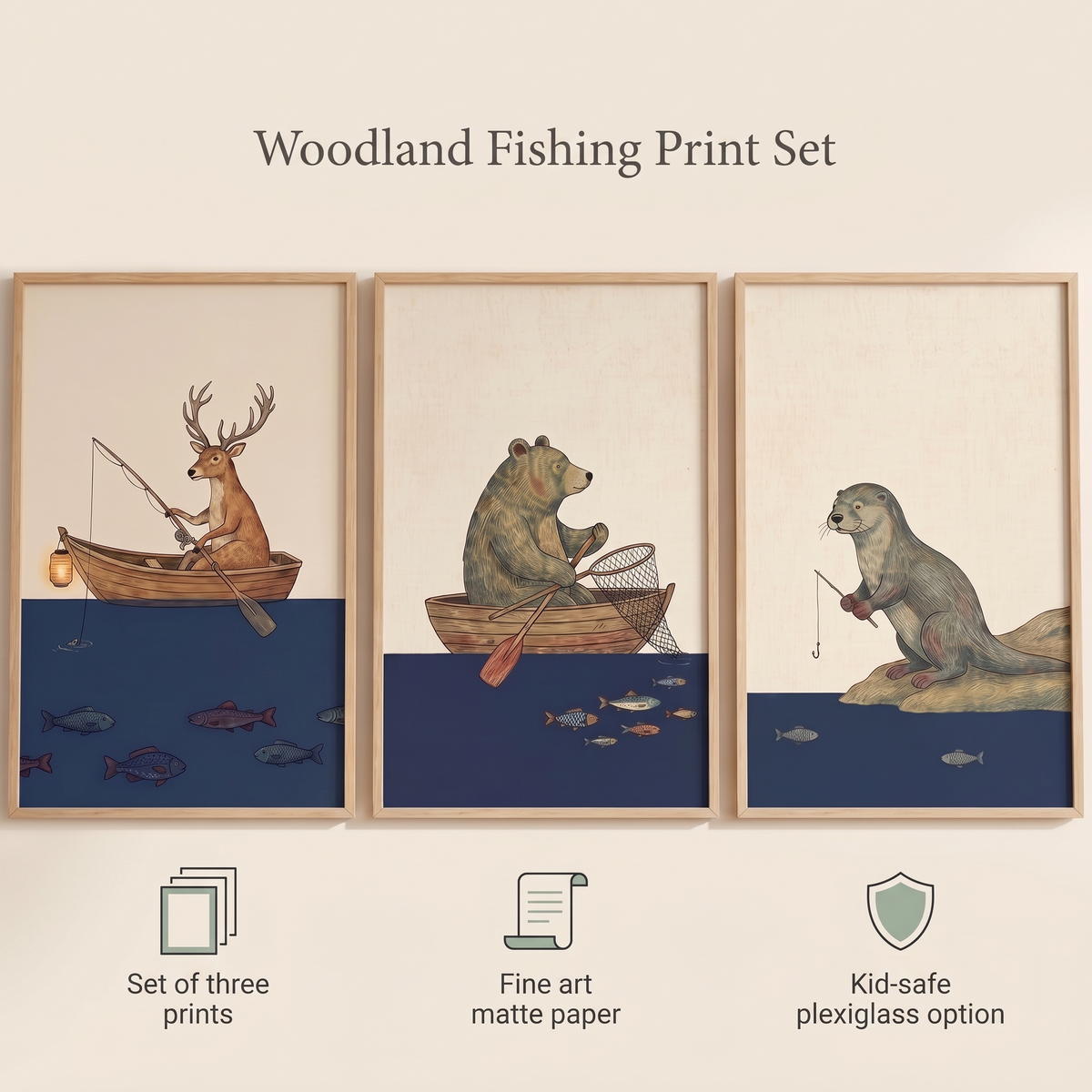 Woodland sailors art set styled above a nursery cot with cream decor