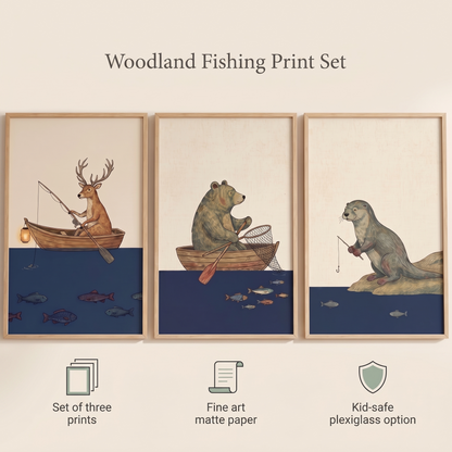 Woodland sailors art set styled above a nursery cot with cream decor