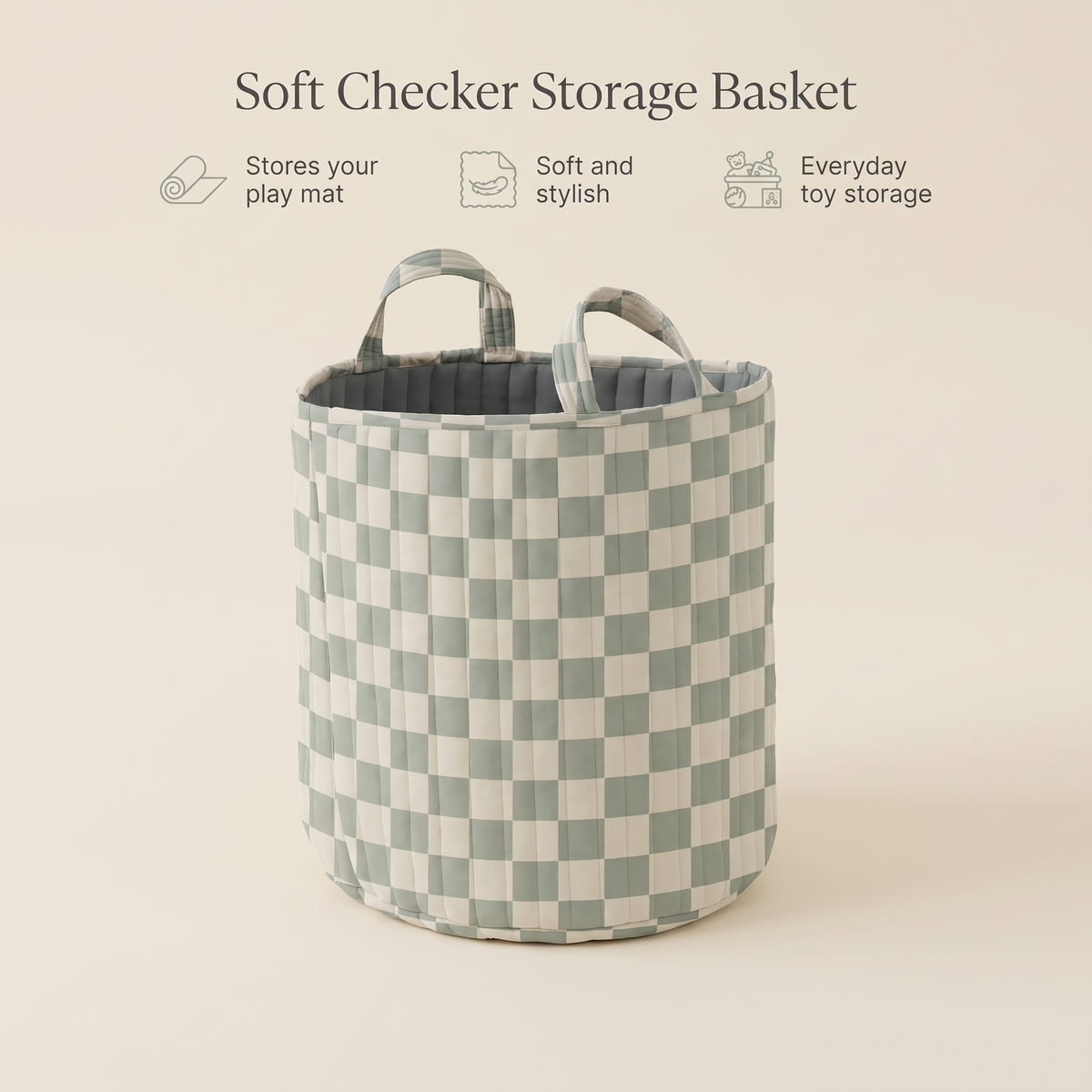 Green checker storage basket holding books and toys on a playroom floor