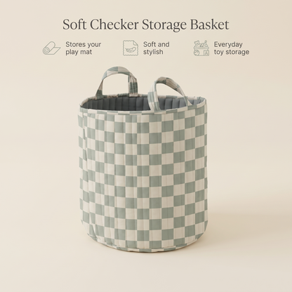 Green checker storage basket holding books and toys on a playroom floor