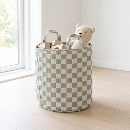 Checker matcha green kids storage basket filled with soft toys