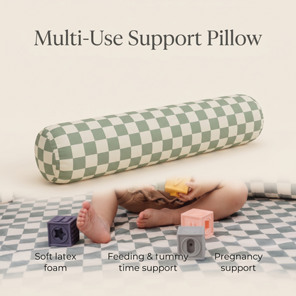 Matcha green checker kids cushion in a bright modern bedroom