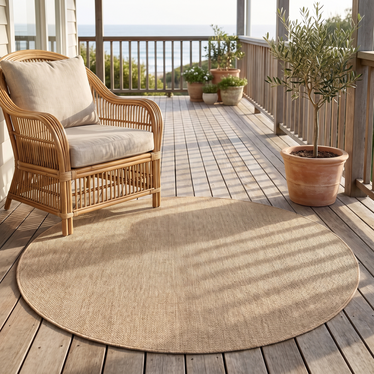 Close-up of woven texture on natural beige round rug