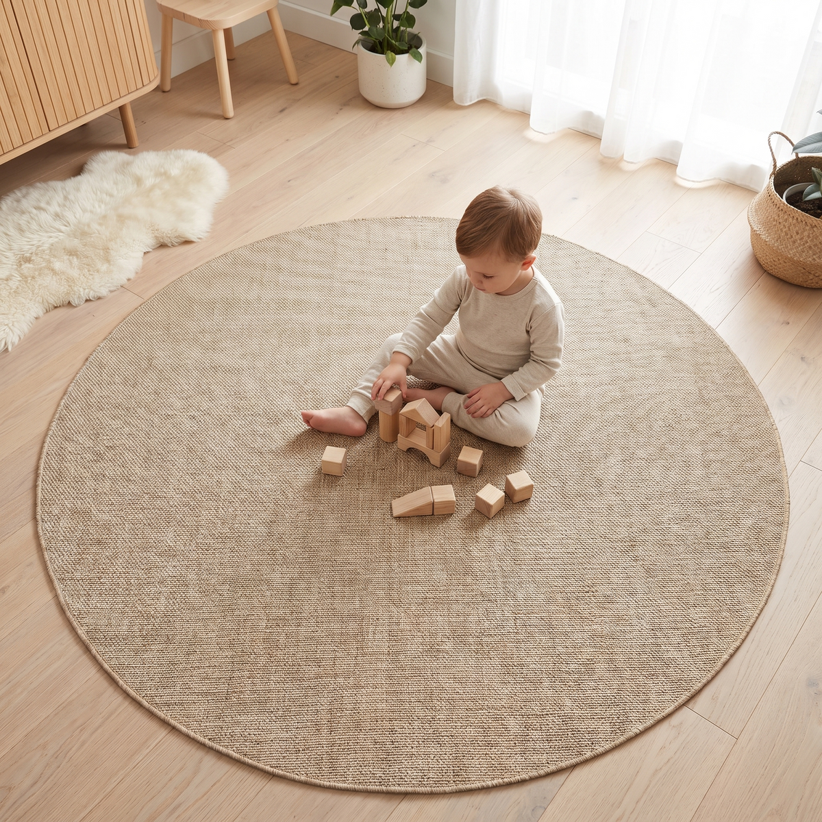 Beige round flatweave rug styled in a nursery reading corner