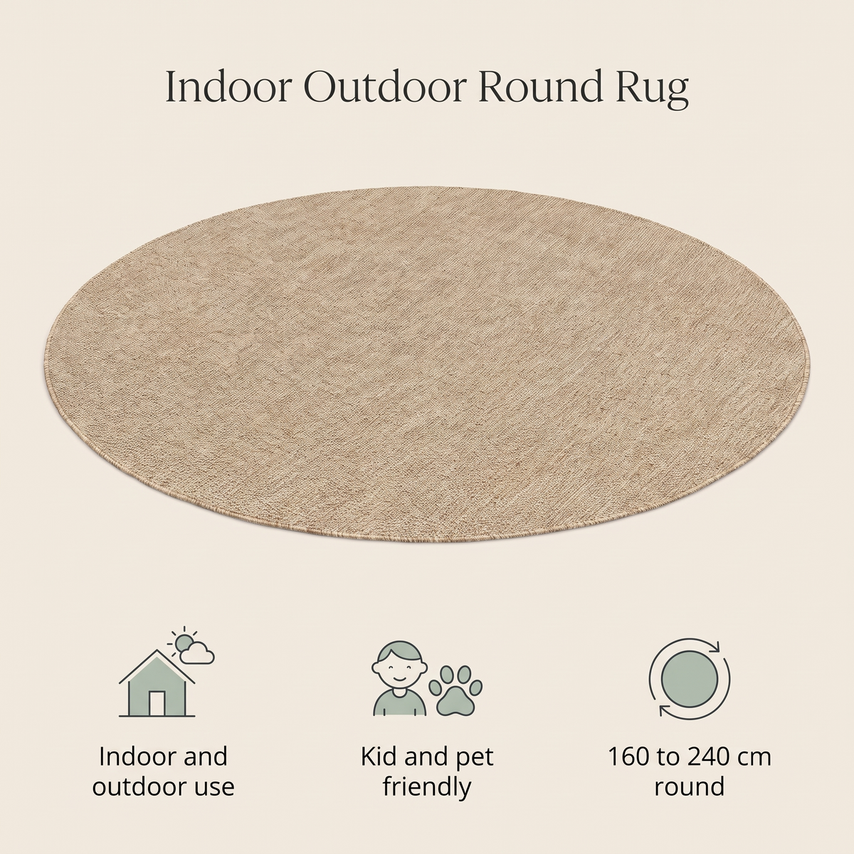 Round woven flatweave kids rug benefits graphic on cream background