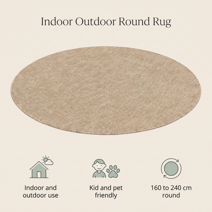 Round woven flatweave kids rug benefits graphic on cream background