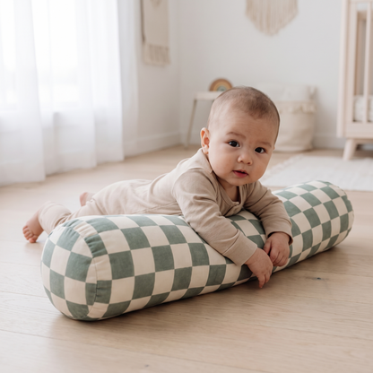 Close-up of the checker matcha print on the soft latex foam support pillow