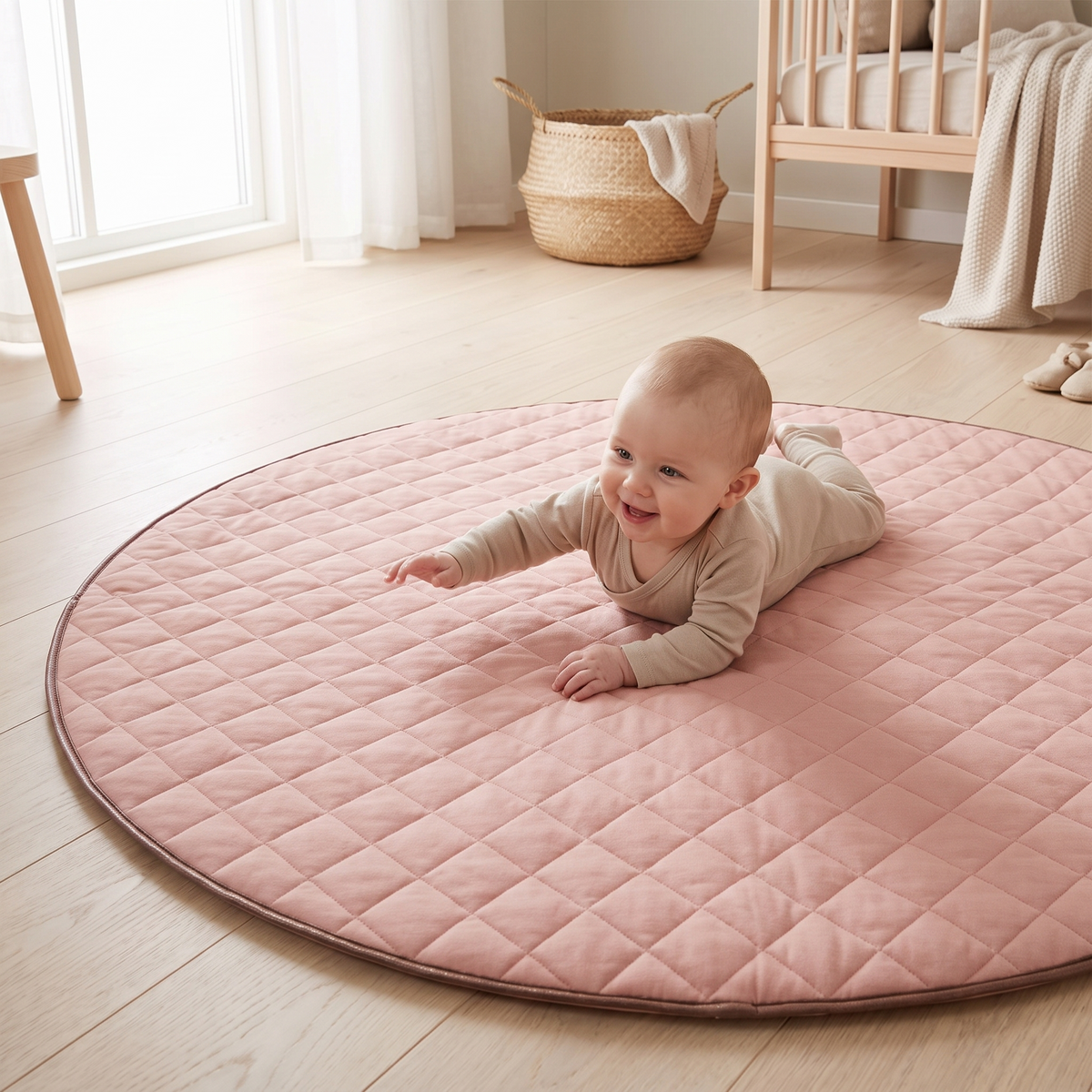 Close-up of the quilted dusty pink cotton jersey on the round play mat