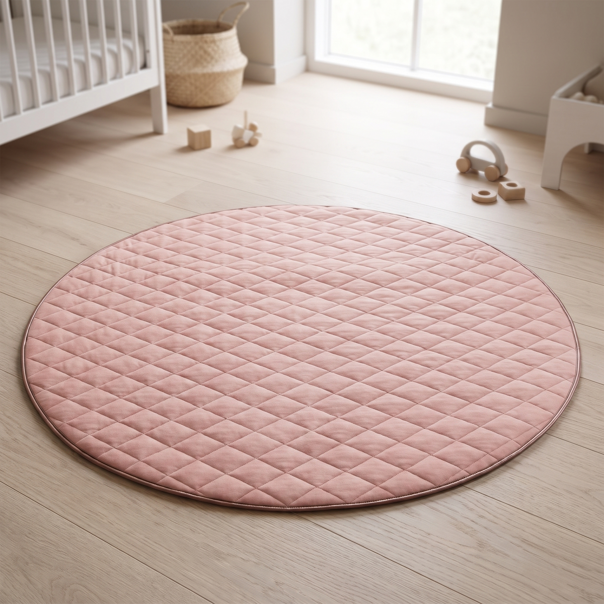 Dusty pink round quilted cotton baby play mat on a nursery floor