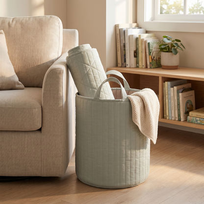 Close-up of the soft sage green storage basket fabric