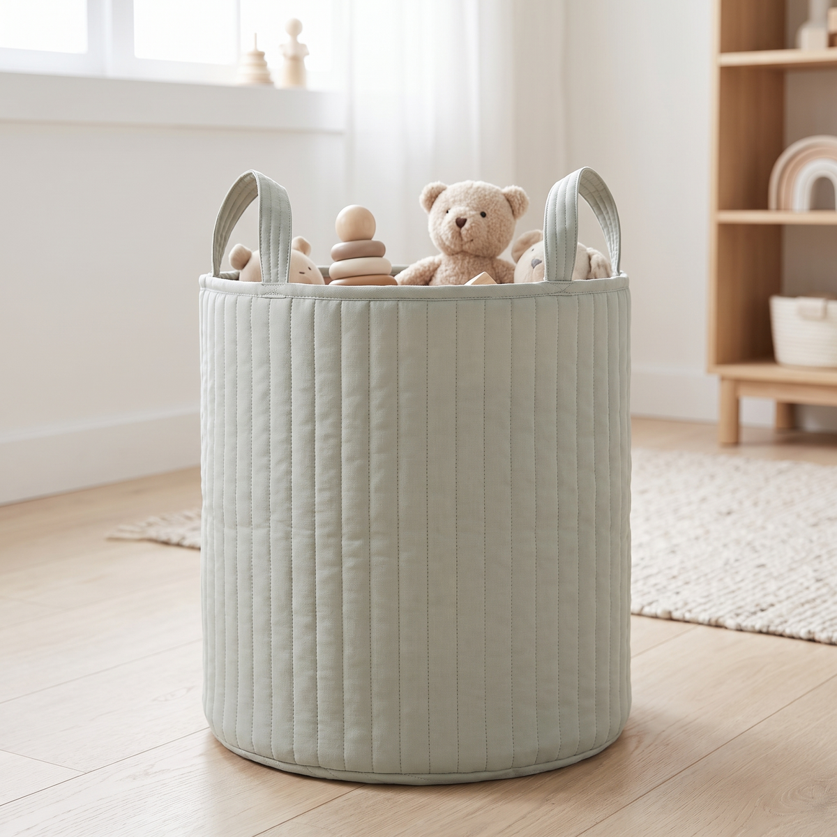 Sage green kids storage basket filled with soft toys