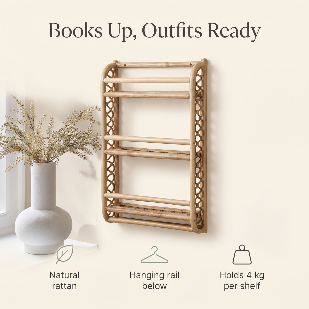 Rattan wave bookshelf in a bright child's bedroom beside a bed
