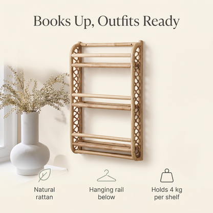 Rattan wave bookshelf in a bright child's bedroom beside a bed