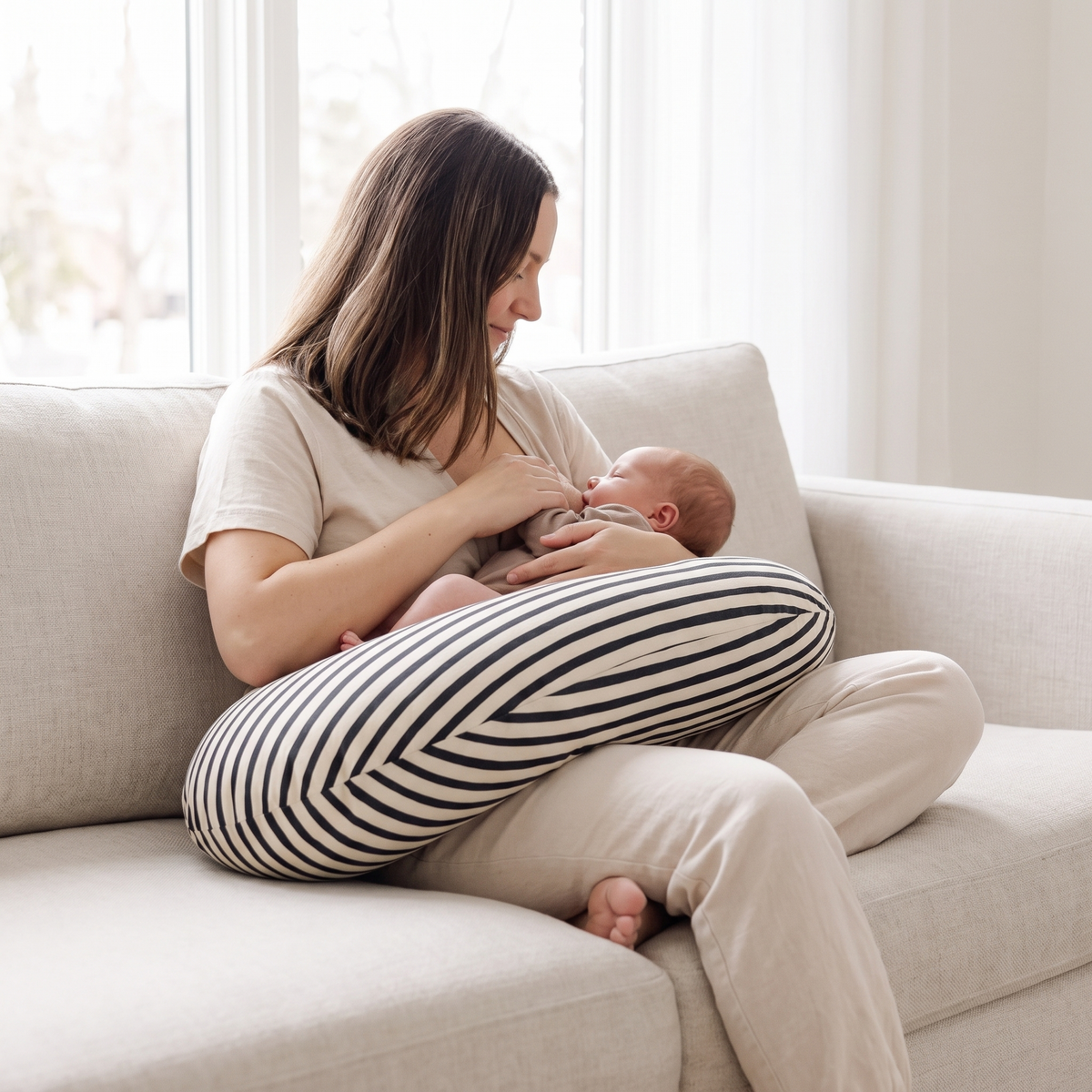 Bold stripe support pillow styled in a kids reading nook