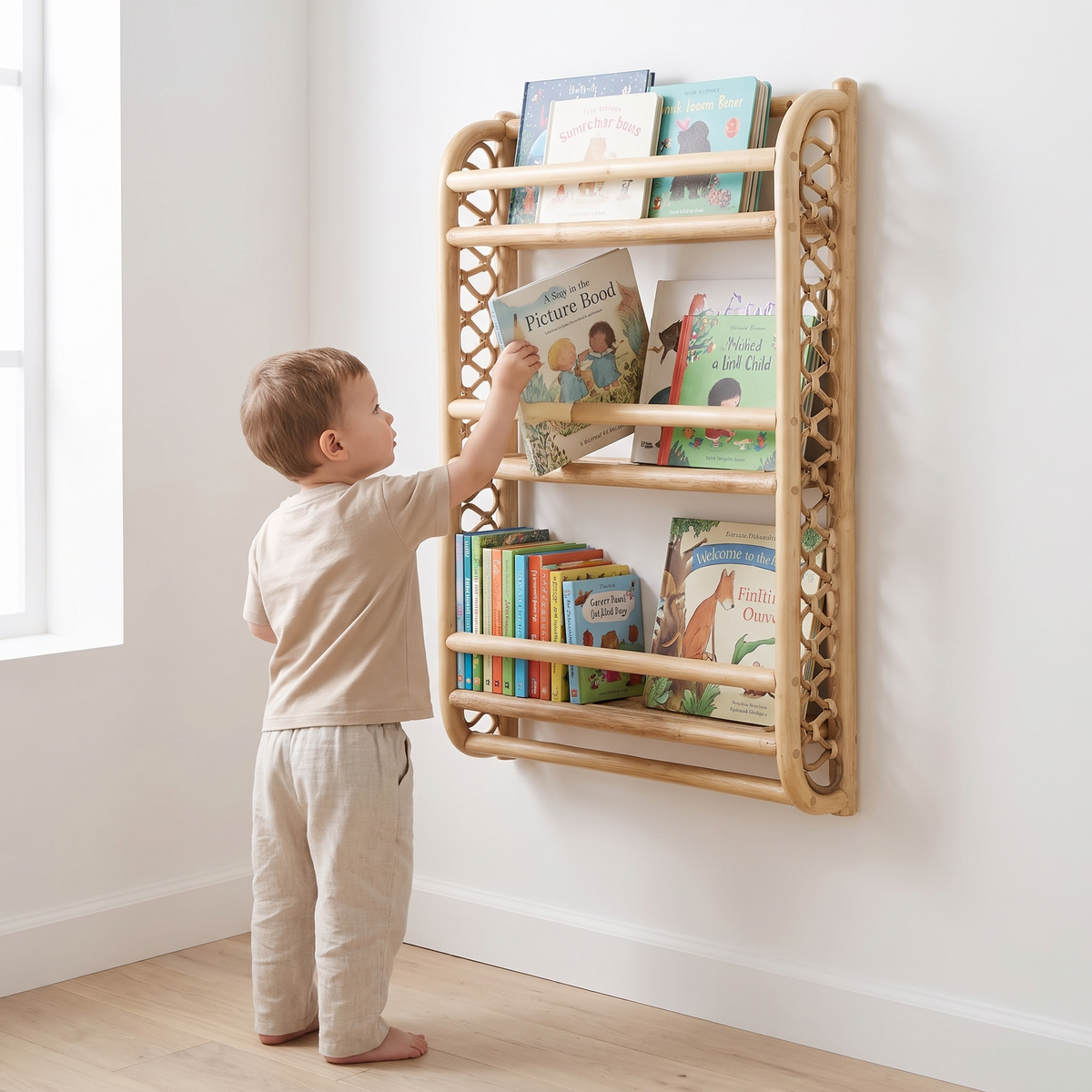 Rattan wave bookshelf styled in a kids playroom with front-facing books