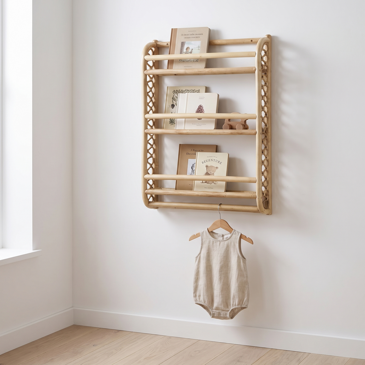 Little Teekie natural rattan wave bookshelf displaying picture books in a nursery