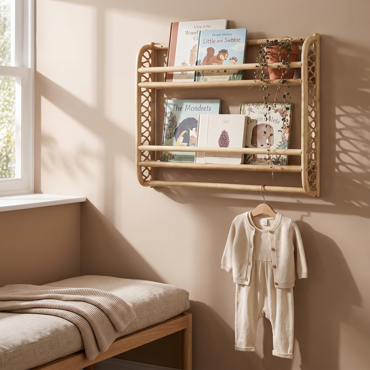 Close-up of natural rattan weave on kids wave bookshelf