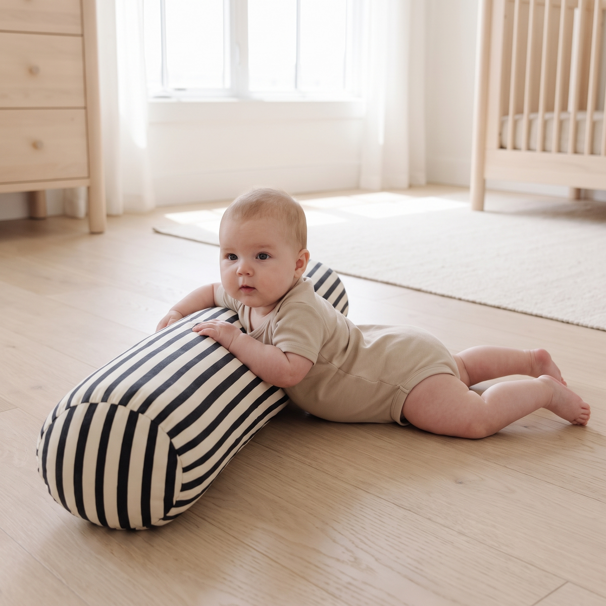 Close-up of the bold stripe fabric on the soft latex foam support pillow