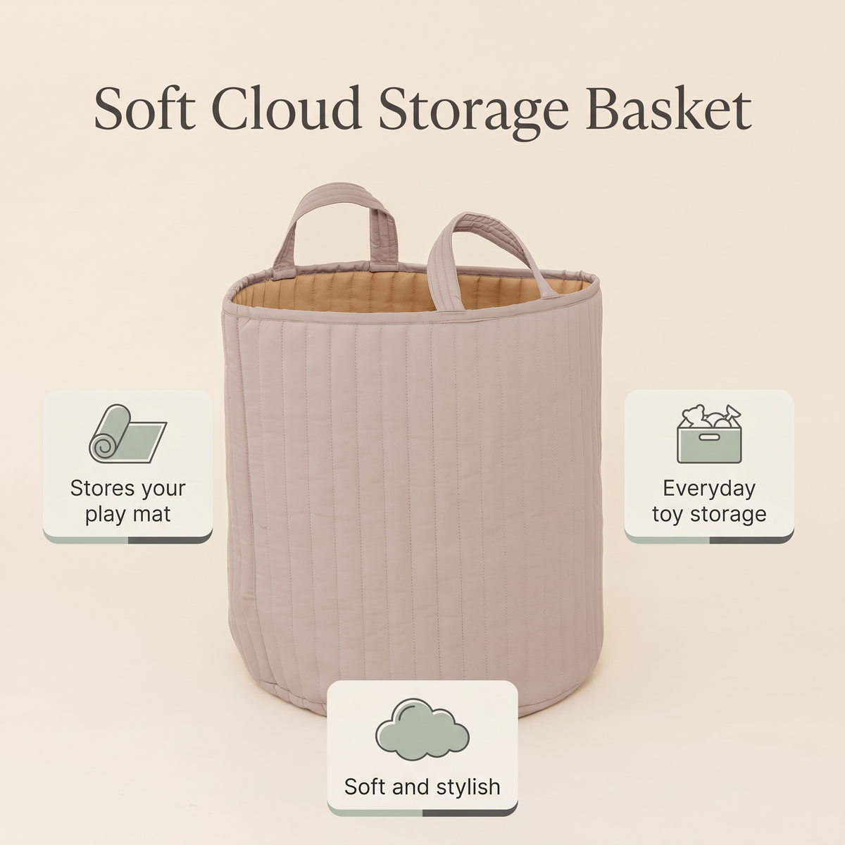 Cloud basket holding books and toys on a playroom floor