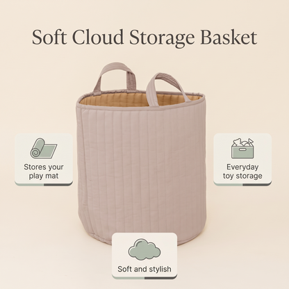 Cloud basket holding books and toys on a playroom floor