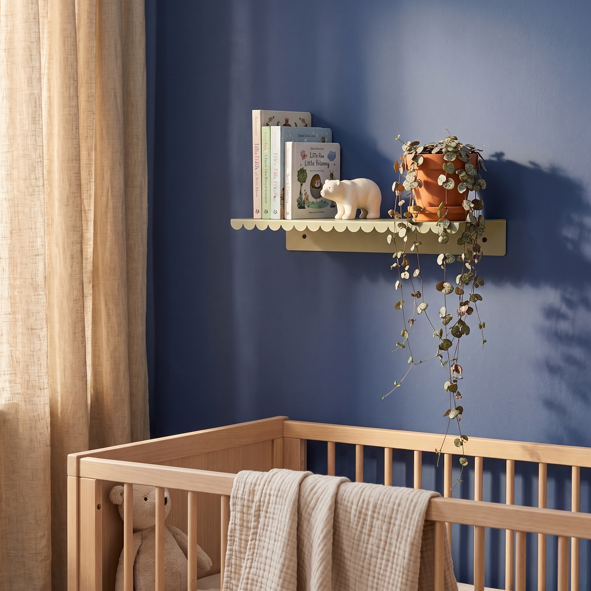 Close-up of green tea lacquered steel wall shelf finish
