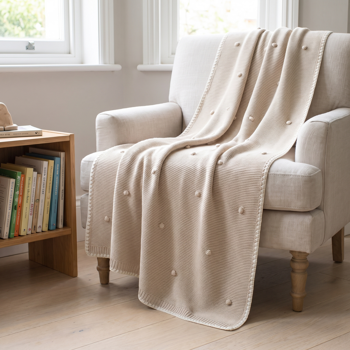 Cream bobble knit baby blanket draped over a cot in a soft neutral nursery