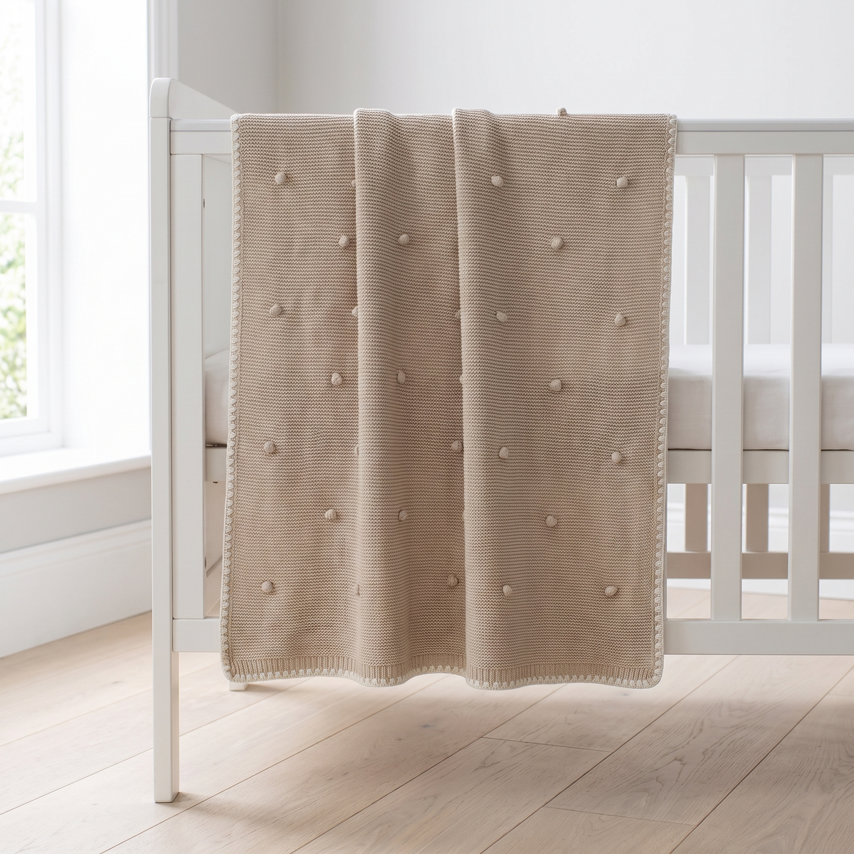 Natural cream bobble knit cotton baby blanket folded in a nursery
