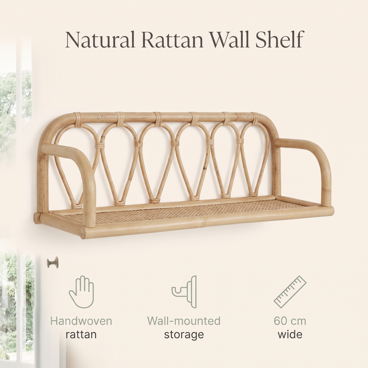 Rattan wall shelf displaying keepsakes in a kids bedroom