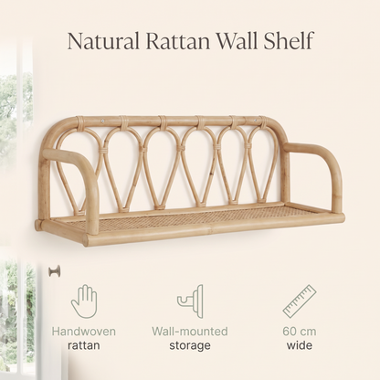Rattan wall shelf displaying keepsakes in a kids bedroom