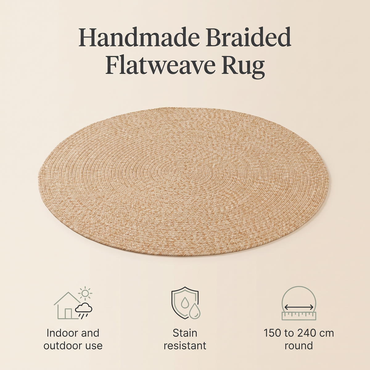 Beige braided round rug in a bright kids bedroom with toys
