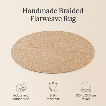 Beige braided round rug in a bright kids bedroom with toys
