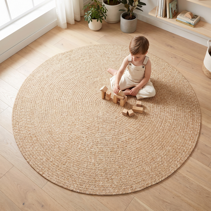 Beige braided round rug styled in a nursery beneath a cot