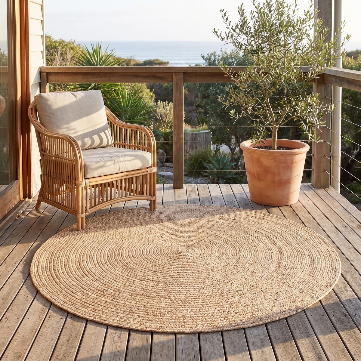 Close-up of handmade braided texture on beige round rug