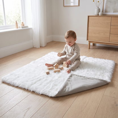 Close-up of the fluffy faux fur and cotton jersey sides of the play mat