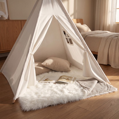 Grey and white fluffy play mat set up for tummy time in a bright living room
