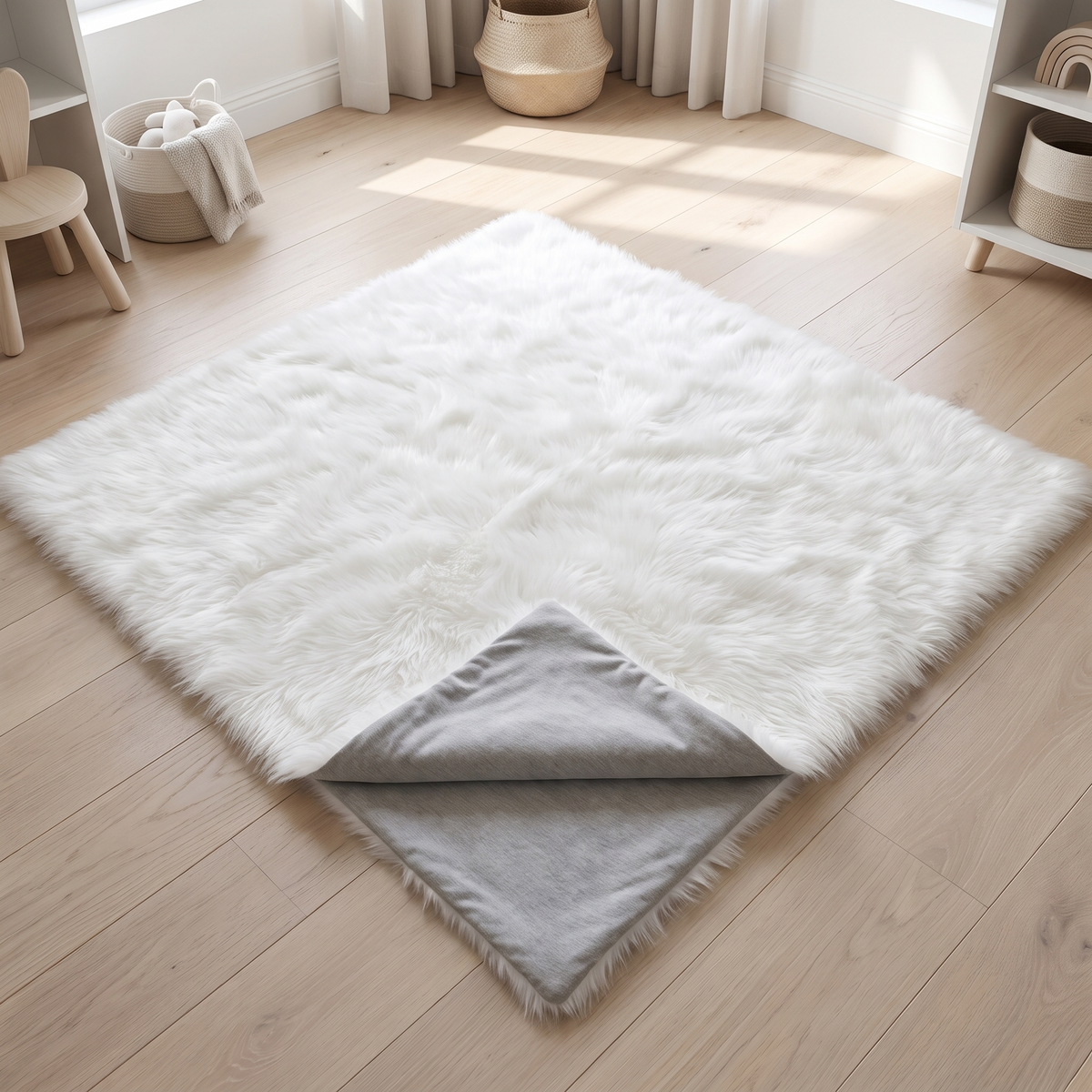Grey and white fluffy reversible cotton baby play mat on a nursery floor