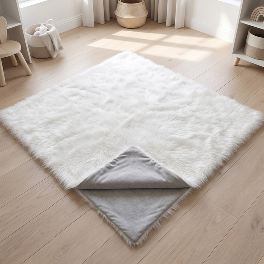 Grey and white fluffy reversible cotton baby play mat on a nursery floor