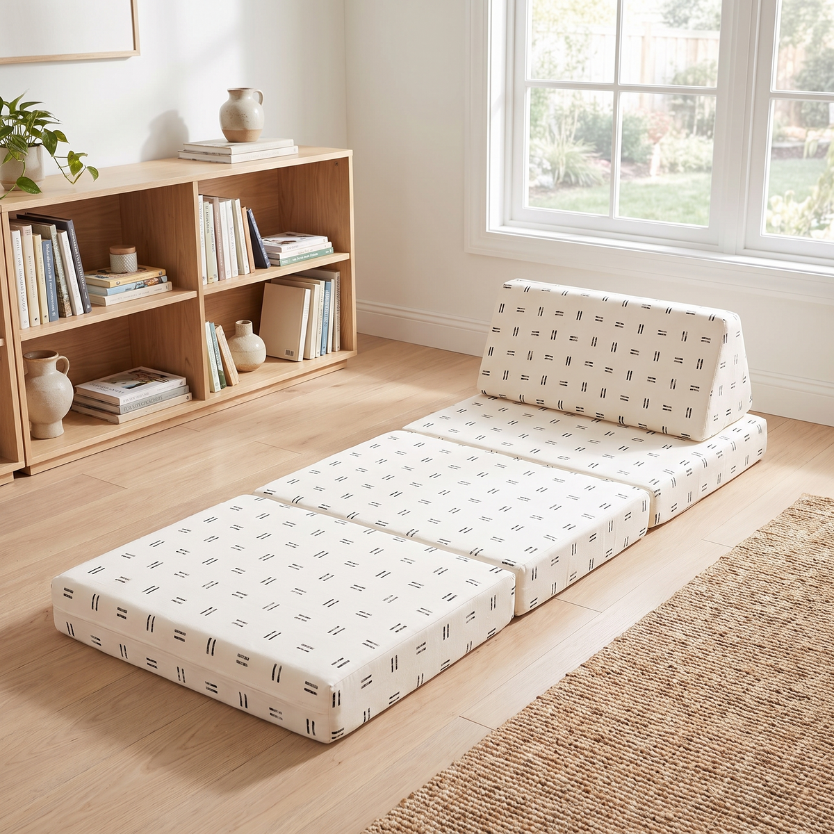 Mudcloth play couch opened out as a lounger in a kids reading nook