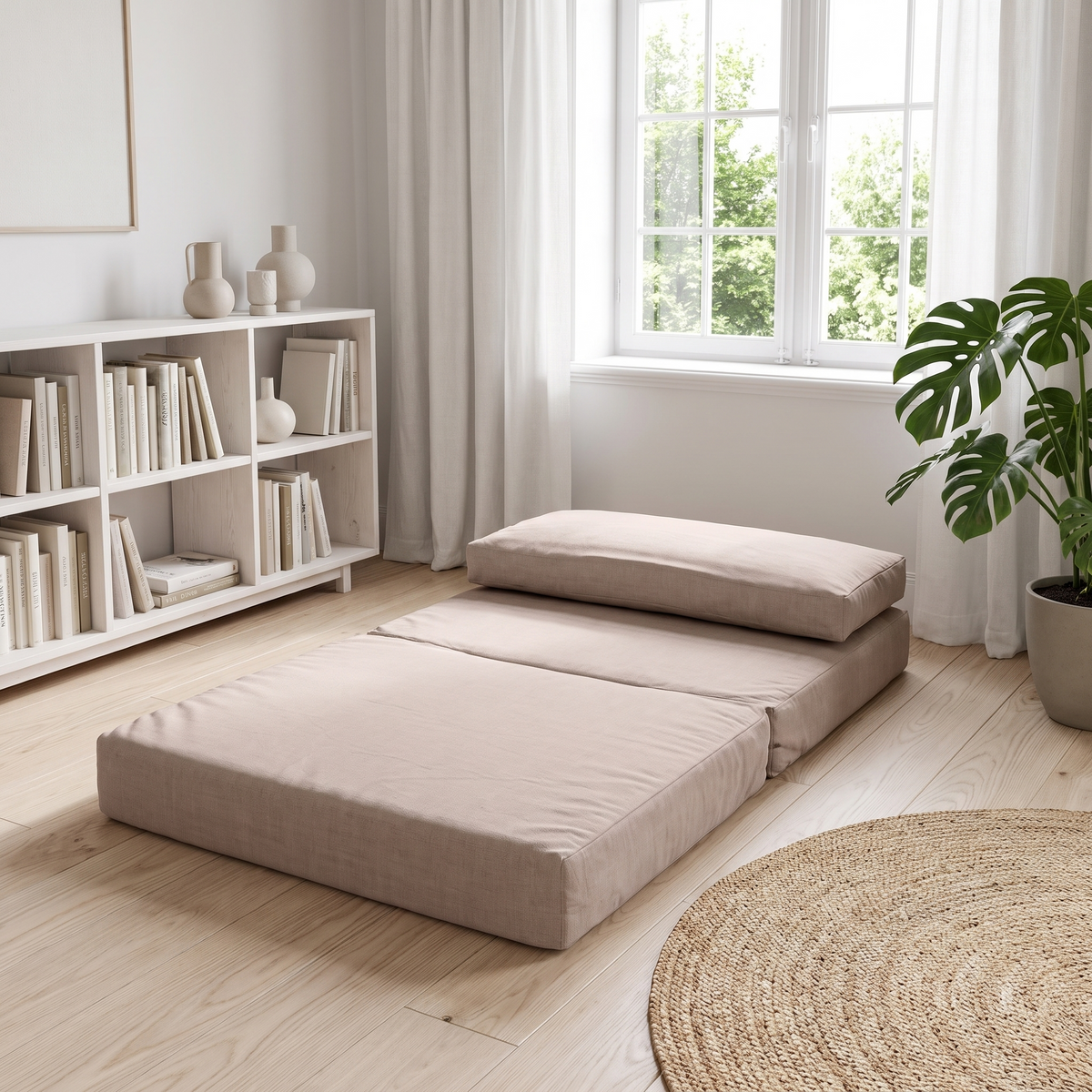 Cloud play couch opened out as a lounger in a kids reading nook