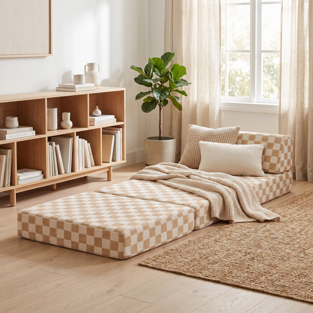 Checker toffee play couch opened out as a lounger in a kids reading nook